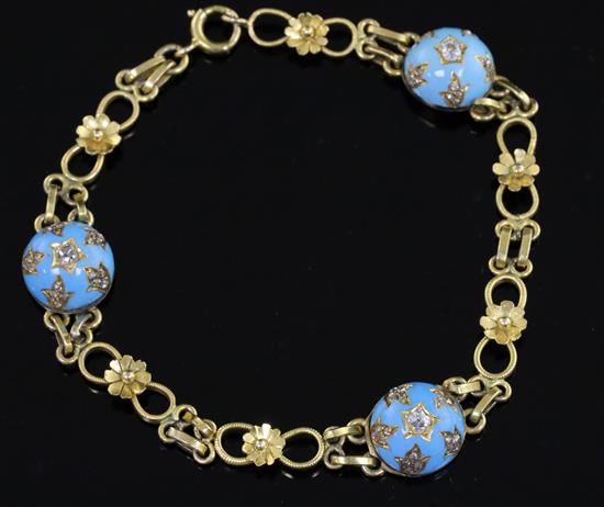 A 9ct gold, turquoise and diamond set fancy link bracelet, 19cm.